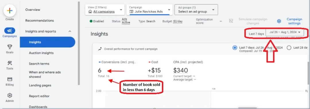 Google Ads campaign insights showing 6 conversions in under 6 days