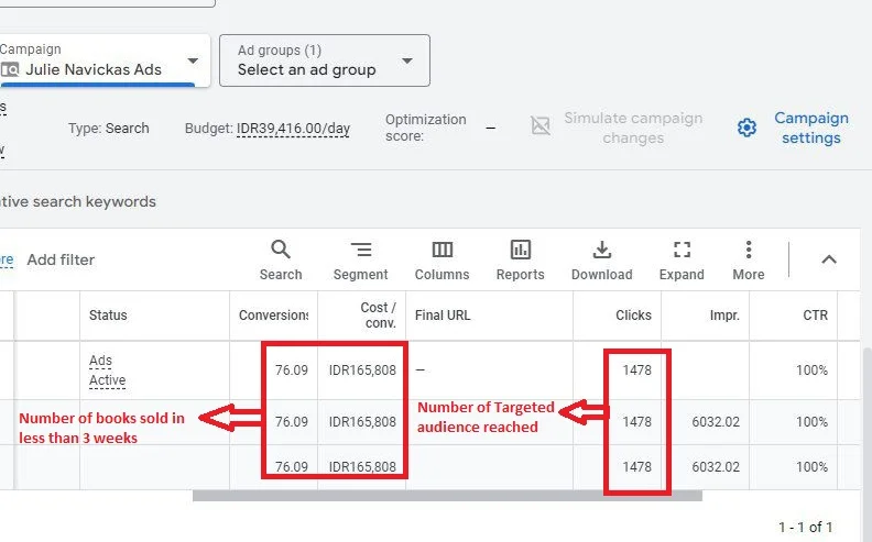 Google Ads campaign results showing 76 conversions and over 6,000 targeted impressions