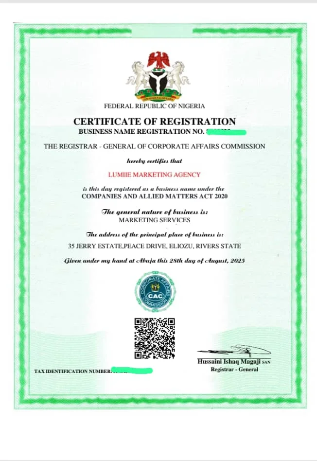 Certificate of Registration for Lumiie Marketing Agency from the Corporate Affairs Commission